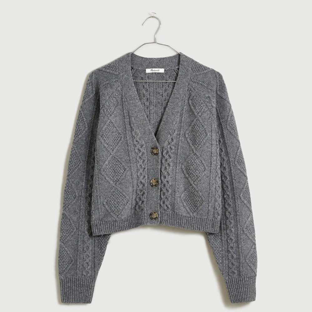 NWT Madewell Women’s Cable Knit Cropped Cardigan in Heather Graphite - Picture 2 of 12